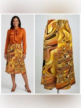 Escada Vintage Y2K Silk Psychedelic Marble Print Midi Panel Hem Skirt Size US 14